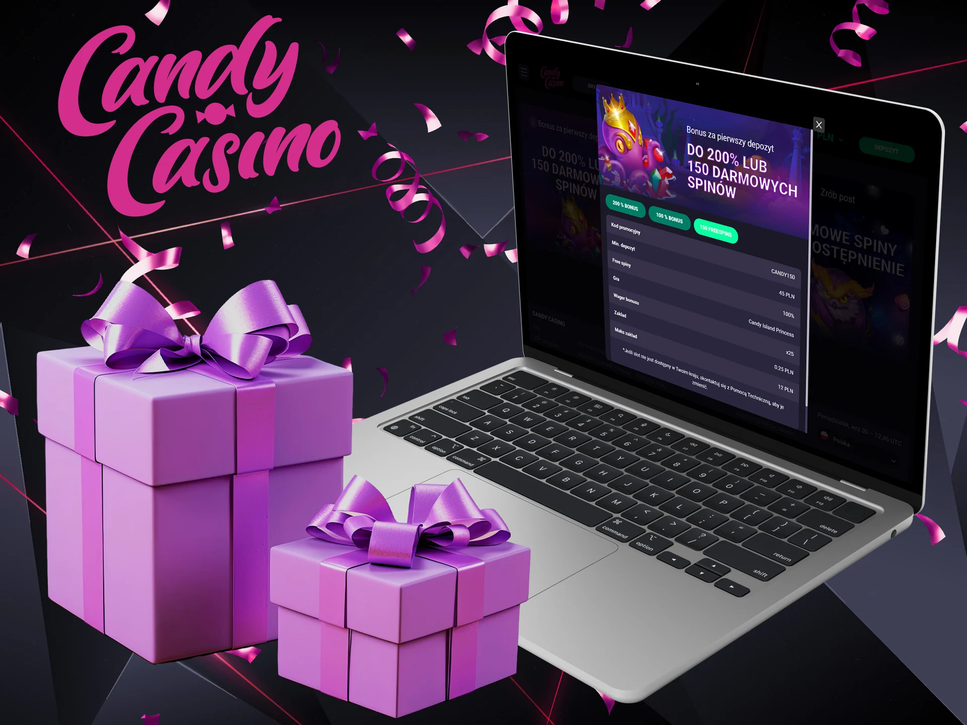 Użyj kodu promocyjnego CANDY150, aby otrzymać 150 darmowych spinów w Candy Casino.