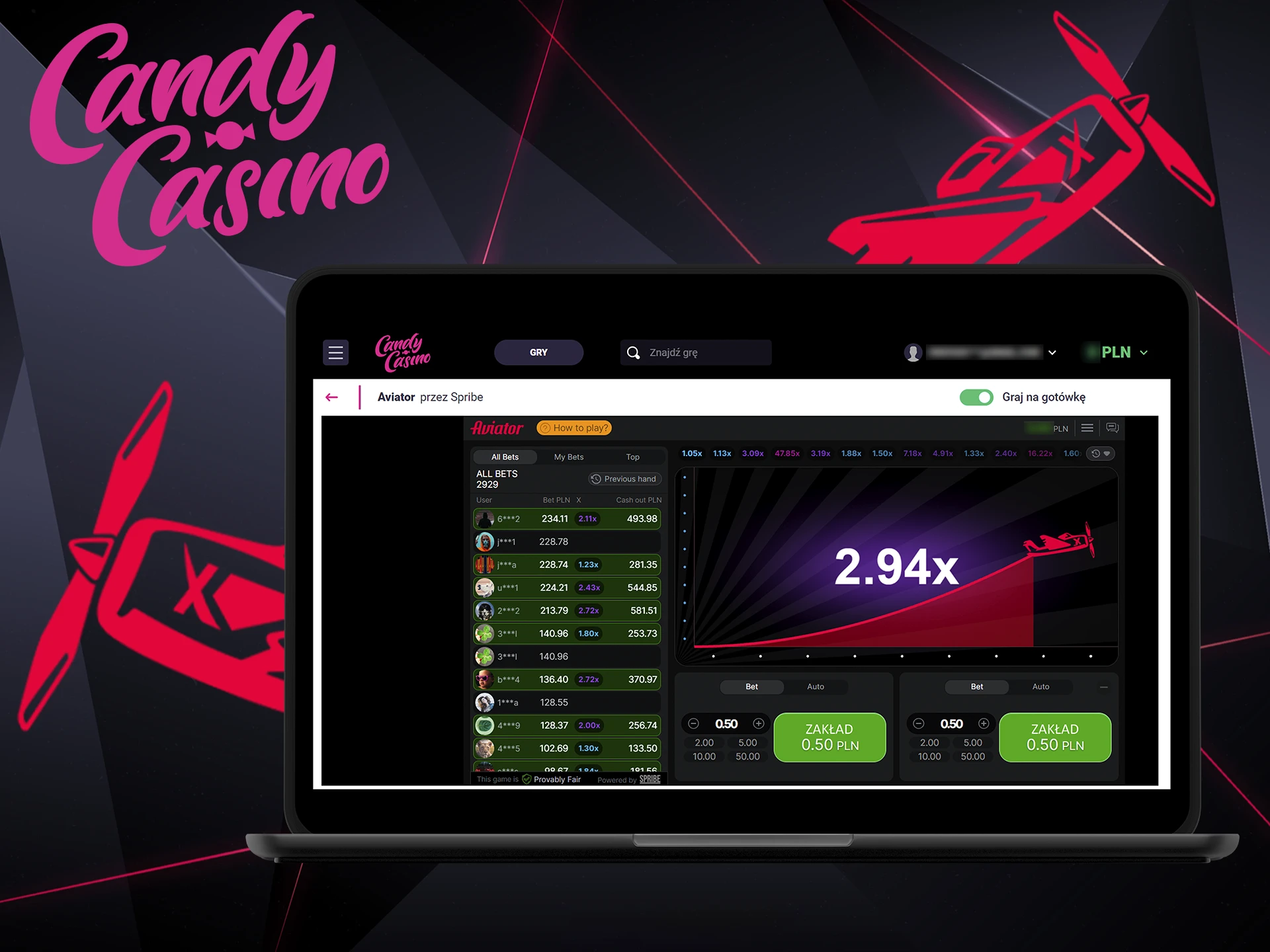 Wypróbuj popularną grę Aviator w Candy Casino.